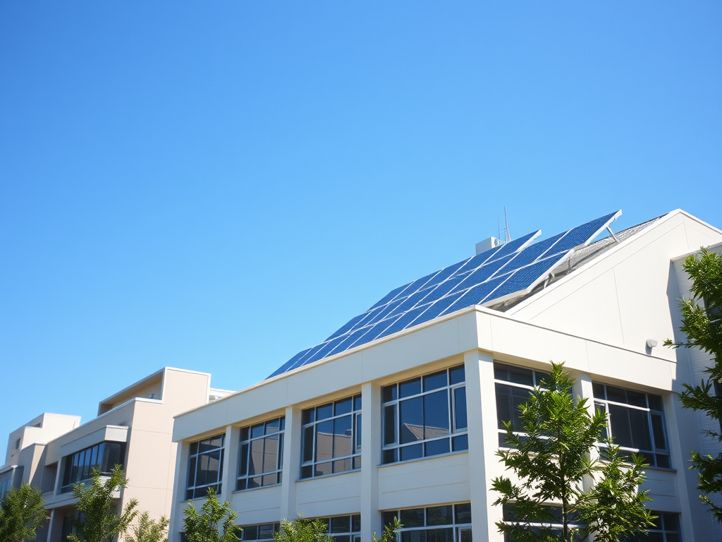 Exterior view of a building with solar panels installed on the roof under a clear blue sky. The building is an example of sustainable building services. 