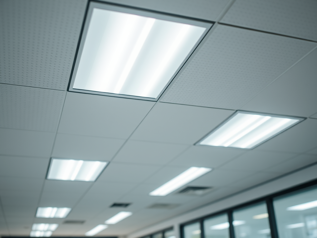 Interior view of an office ceiling with modern fluorescent lighting fixtures. The lights are an example of a functional and comfortable building. 