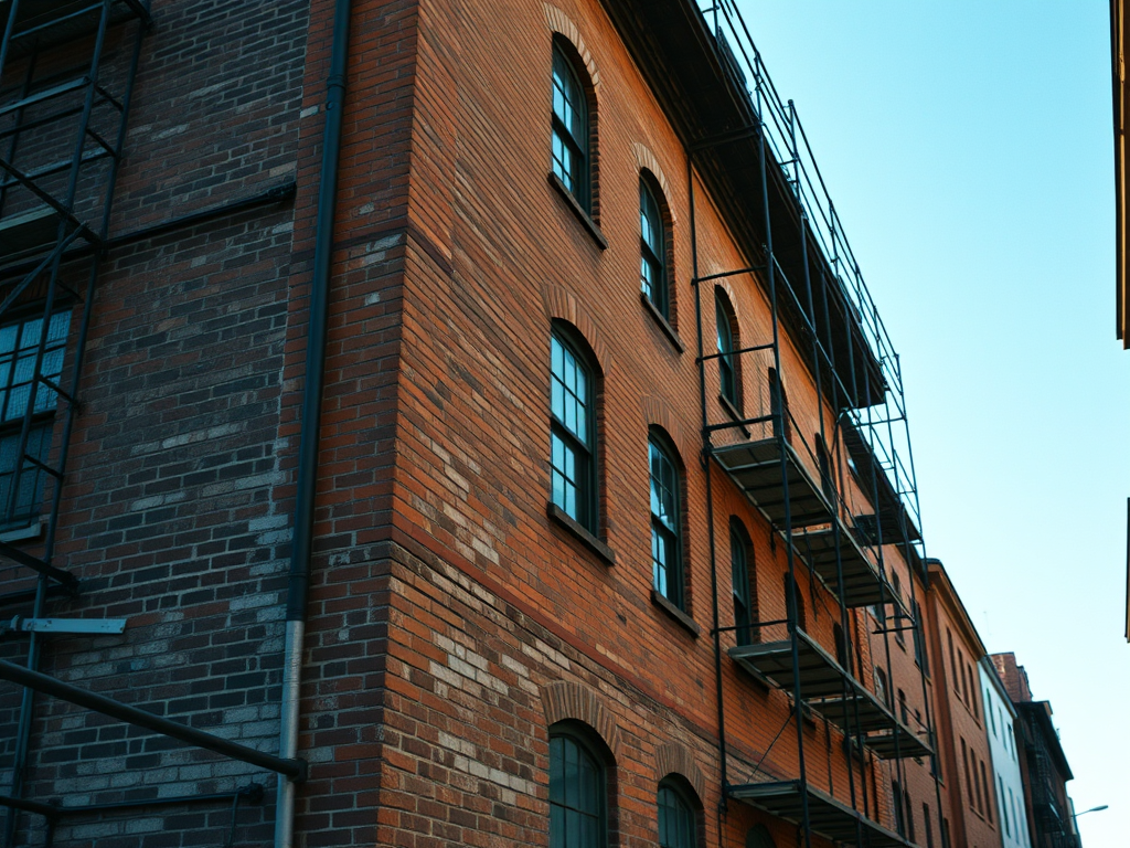 Exterior view of a brick building under renovation with scaffolding and balconies.
