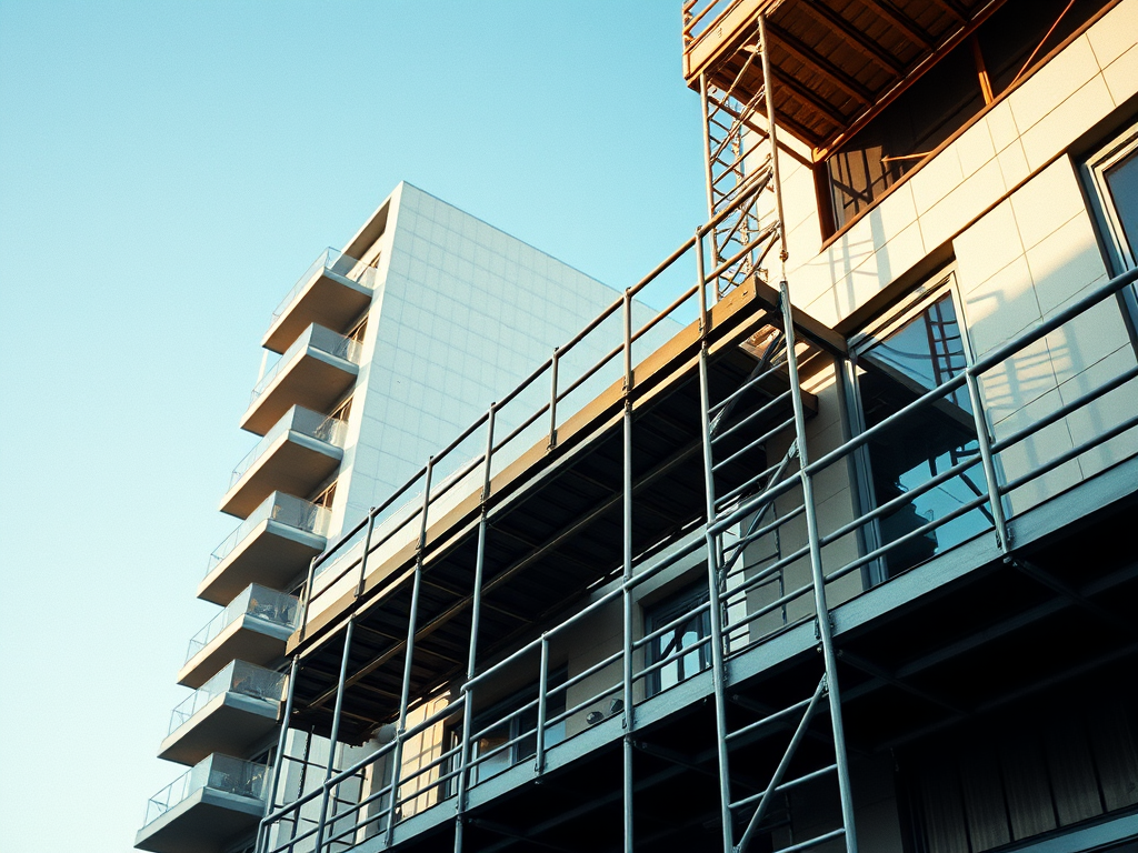 Exterior view of a building under construction, featuring scaffolding and balconies against a clear blue sky.